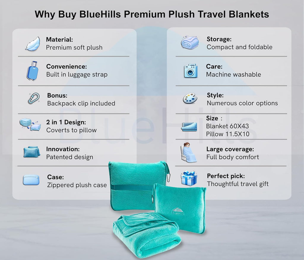 BlueHills 2-Pack Premium Soft Travel Blanket Pillow Airplane Blanket for Two in Soft Bag Pillowcase Compact Pack Large Blankets for…
