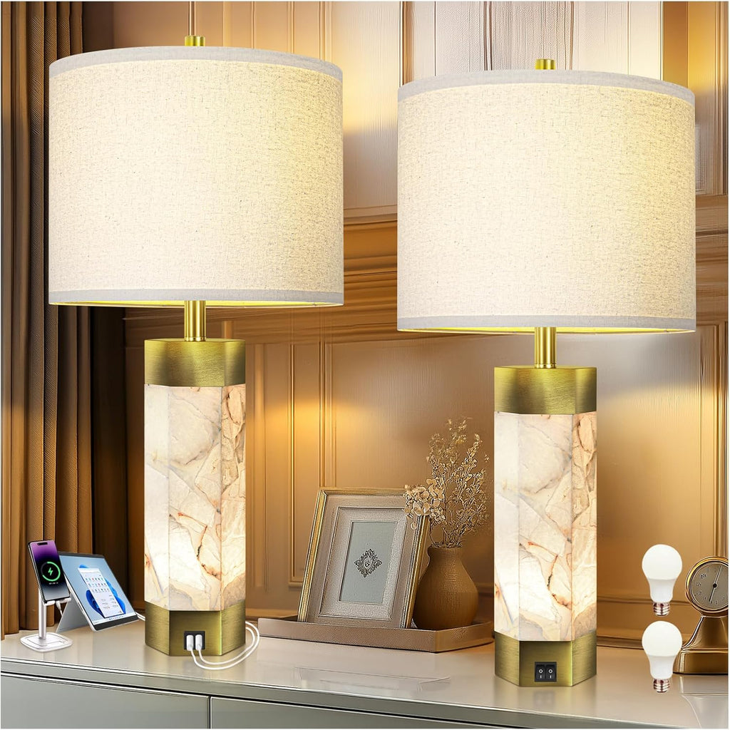 Natural Alabaster Table Lamps Set of 2, Table Lamp with Night Light for Living Room, Nightstand Lamp with USB Ports, Bedside Lamp with Linen…