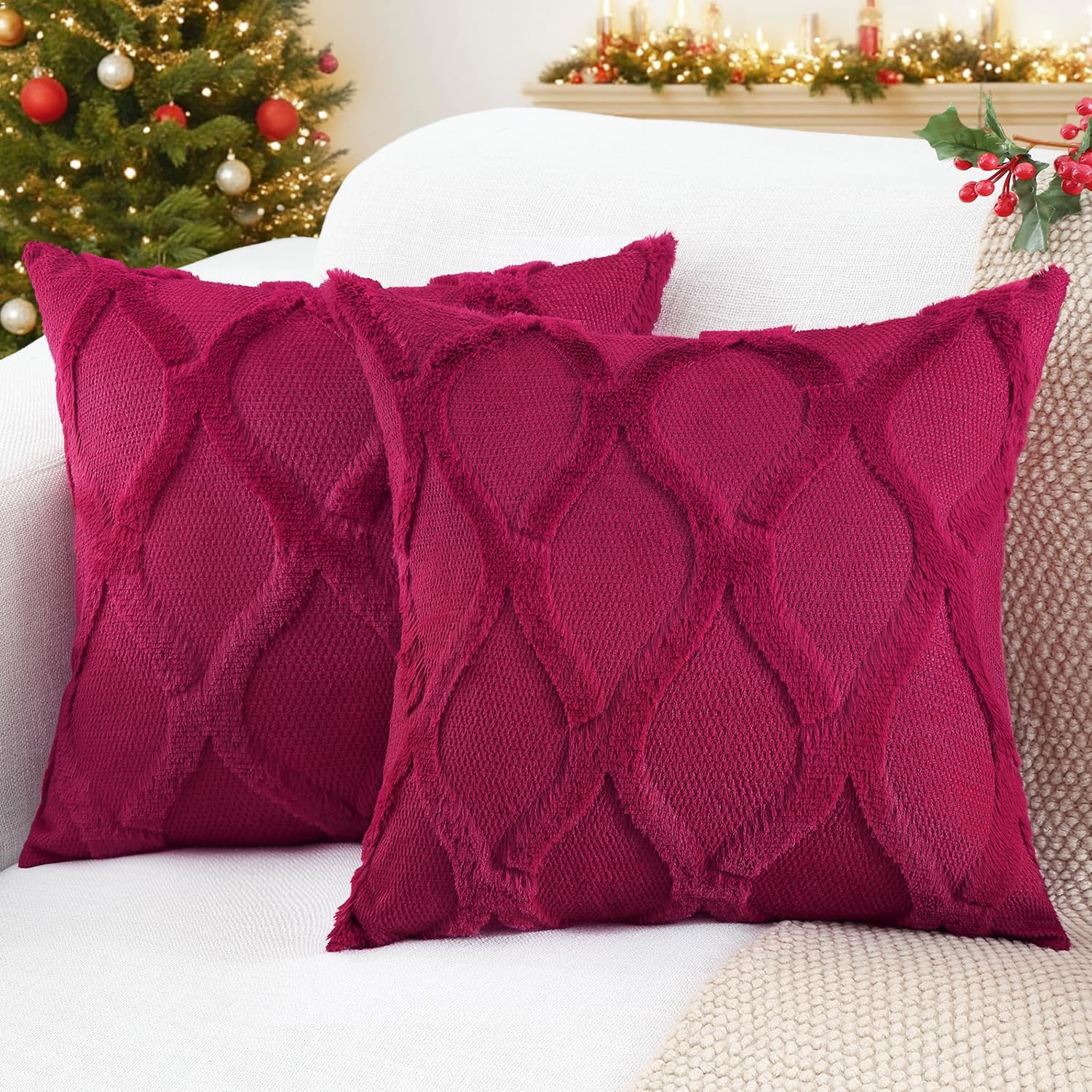 decorUhome Summer Euro Sham Throw Pillow Covers 26x26 Inch Set of 2, Soft Plush Faux Fur Wool Burgundy Accent Couch Pillow Covers for Moder…
