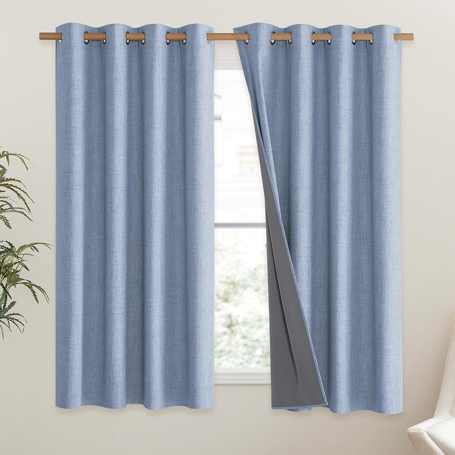 NICETOWN Stone Blue Vintage Linen 100% Blackout Curtains for Living Room, Thermal Insulated Curtains 63" Long, Noise Reducing Window…