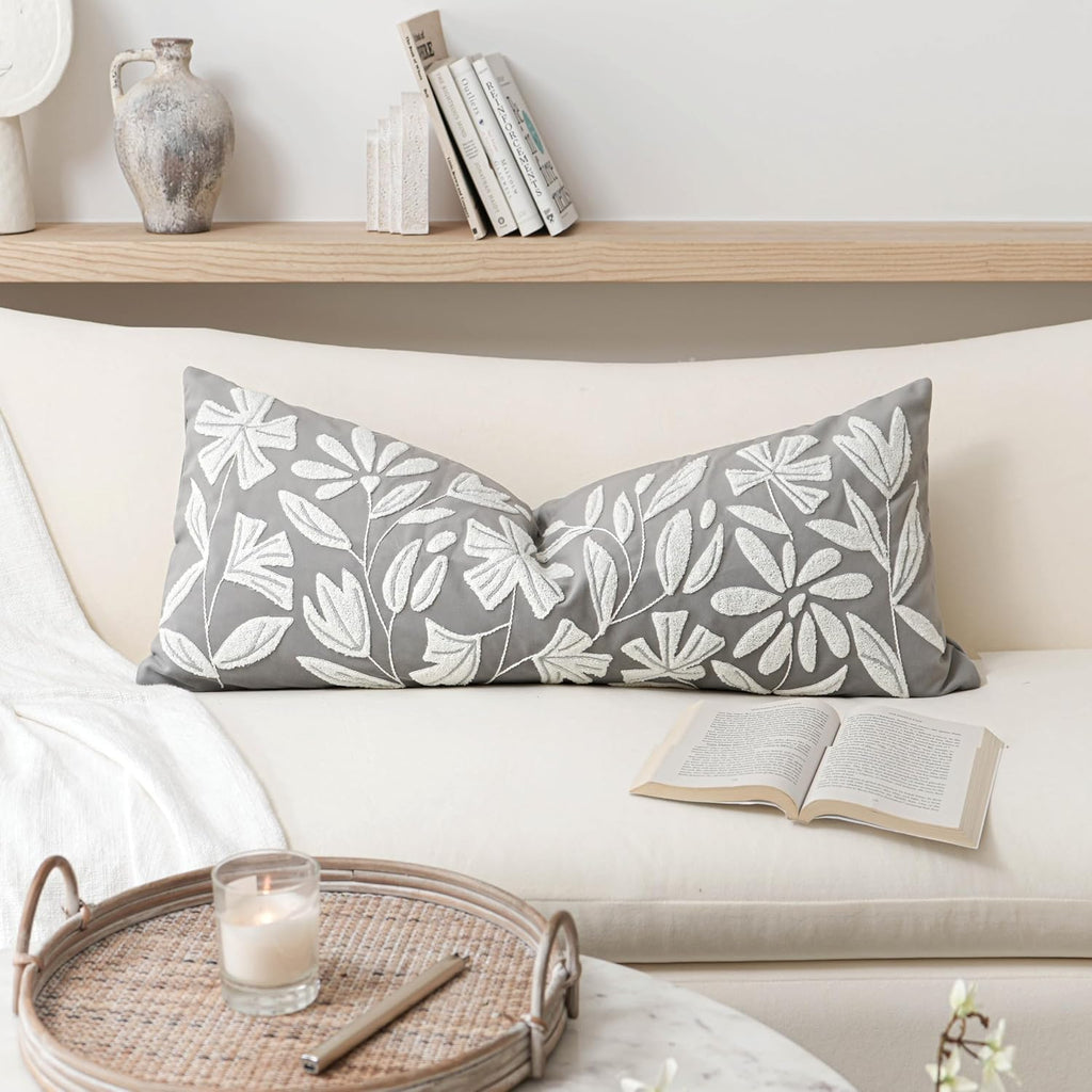 BlissBlush Gray Floral Lumbar Pillow Cover 14x36 Inch, Velvet Long Accent Pillow Cover for Bed, Soft Rectangle Decorative Farmhouse…
