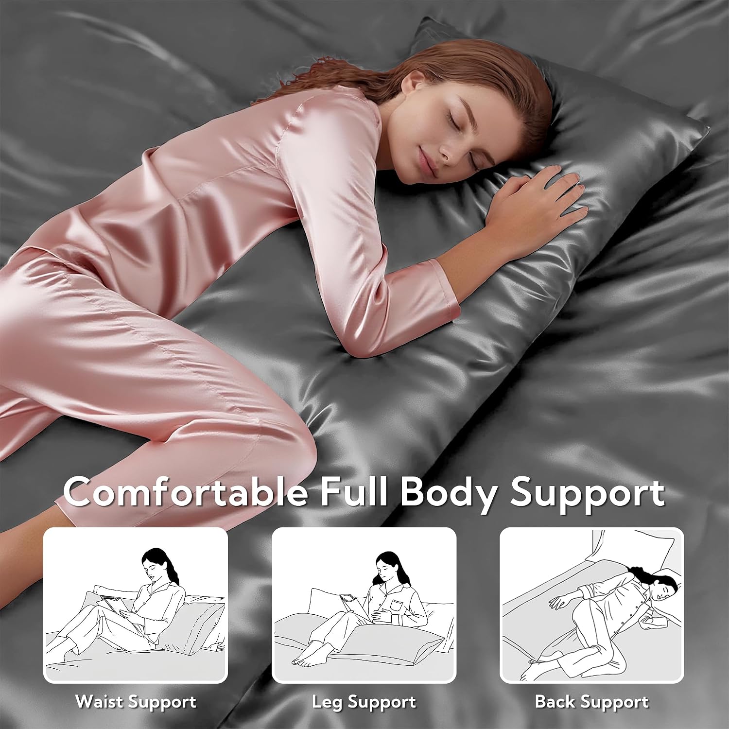 MR&HM Satin Body Pillow Cover, Soft and Breathable Body Pillow Case with Envelope Closure, Cooling and Silky Long Pillowcase for Hair and…