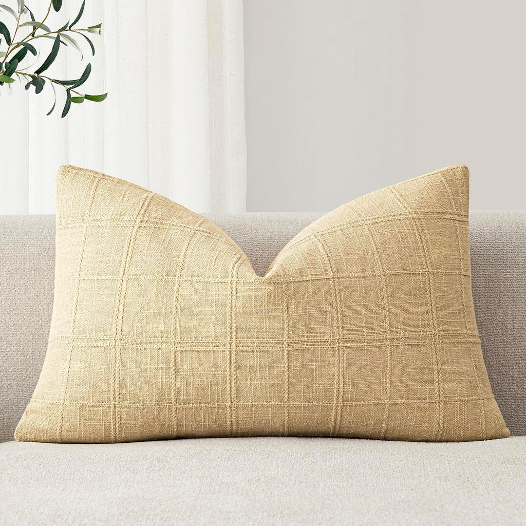 Foindtower Set of 1 Decorative Linen Check Throw Pillow Cover Neutral Farmhouse Lumbar Cushion Cover Modern Boho Accent Home Decor for…