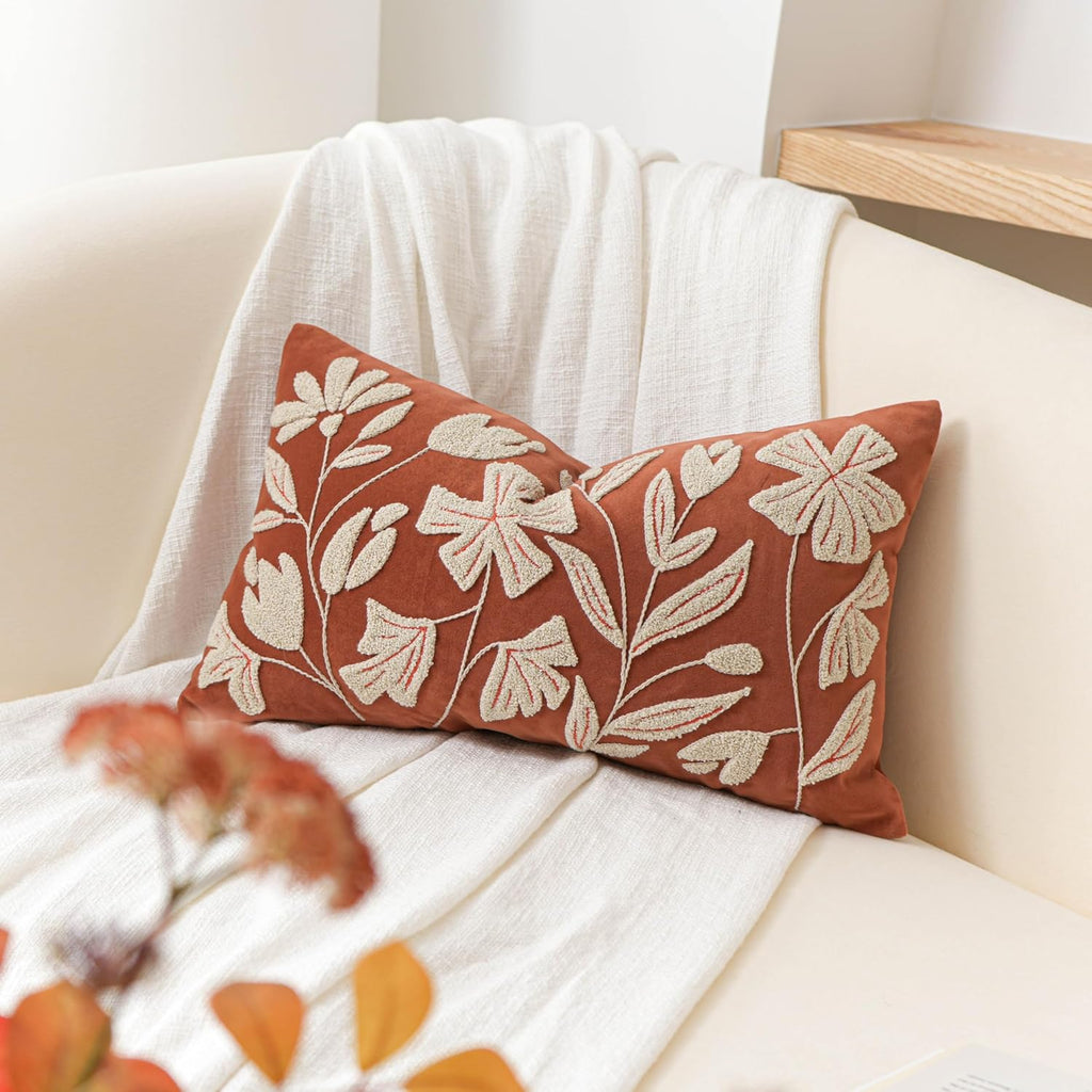 BlissBlush 12x20 Lumbar Pillow Cover, Brick Red Rectangular Decorative Throw Pillowcase for Couch Sofa, Floral Tufted Embroidered Velvet…