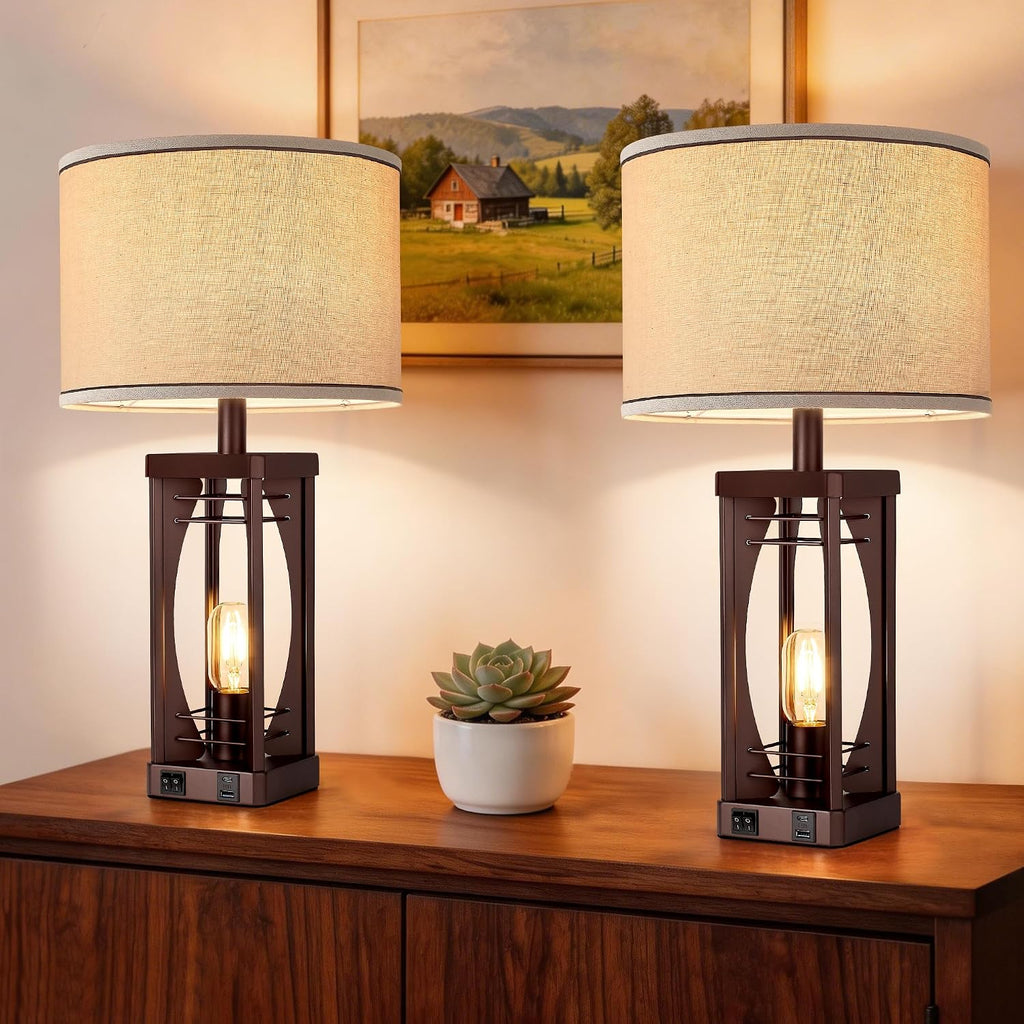 SRJJA Farmhouse Table Lamps Set of 2 for Living Room, Rustic Bedside Nightstand Lamps with USB A+C Charging Ports, 22.5" Dual Light…