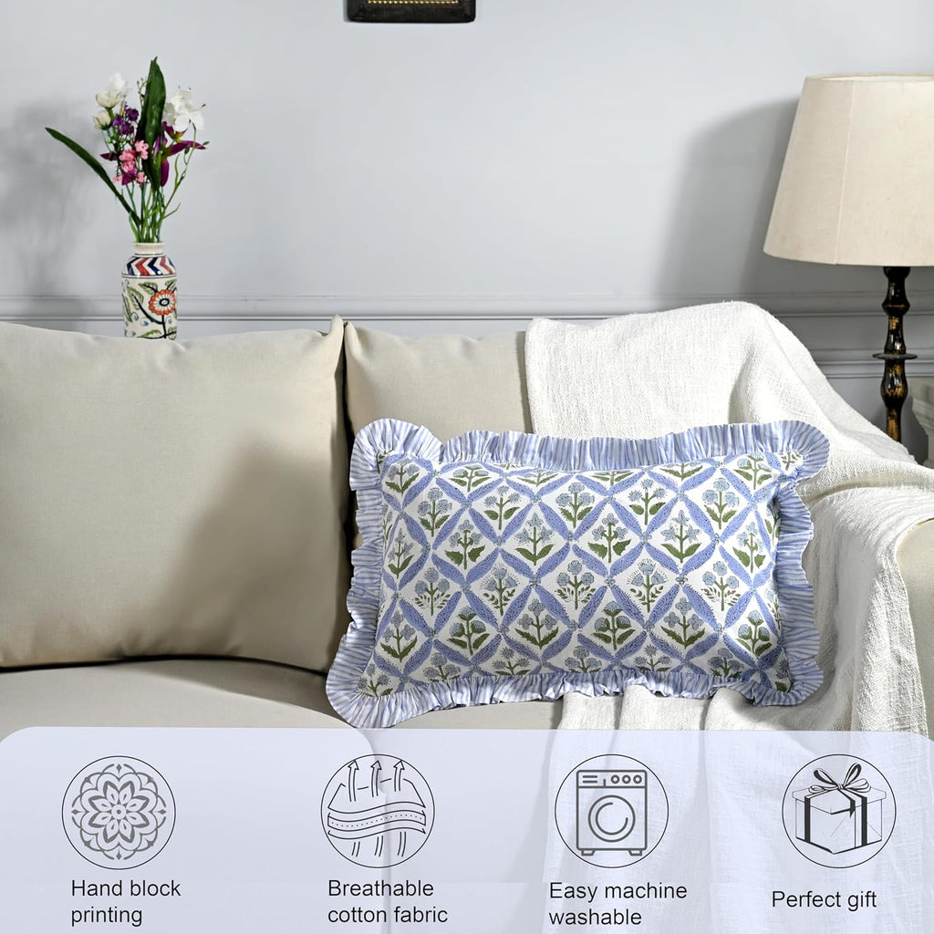 Ridhi Block Print Light Steel Blue 20"x12" Set 1-100% Cotton Ruffle Lumbar Sham Cover Boho Floral Pillowcase, Farmhouse Cottagecore…