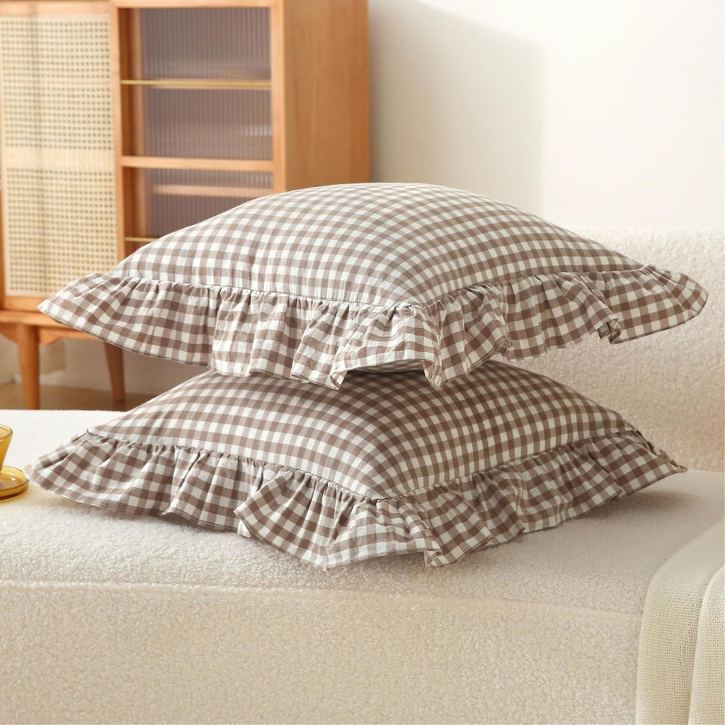 Jilboo Gingham Pillow Covers (2 Pack) - 22 x22 Inches Warm Taupe/White Plaid, 100% Washed Cotton Vintage Ruffle Decorative Throw Pillowcase…