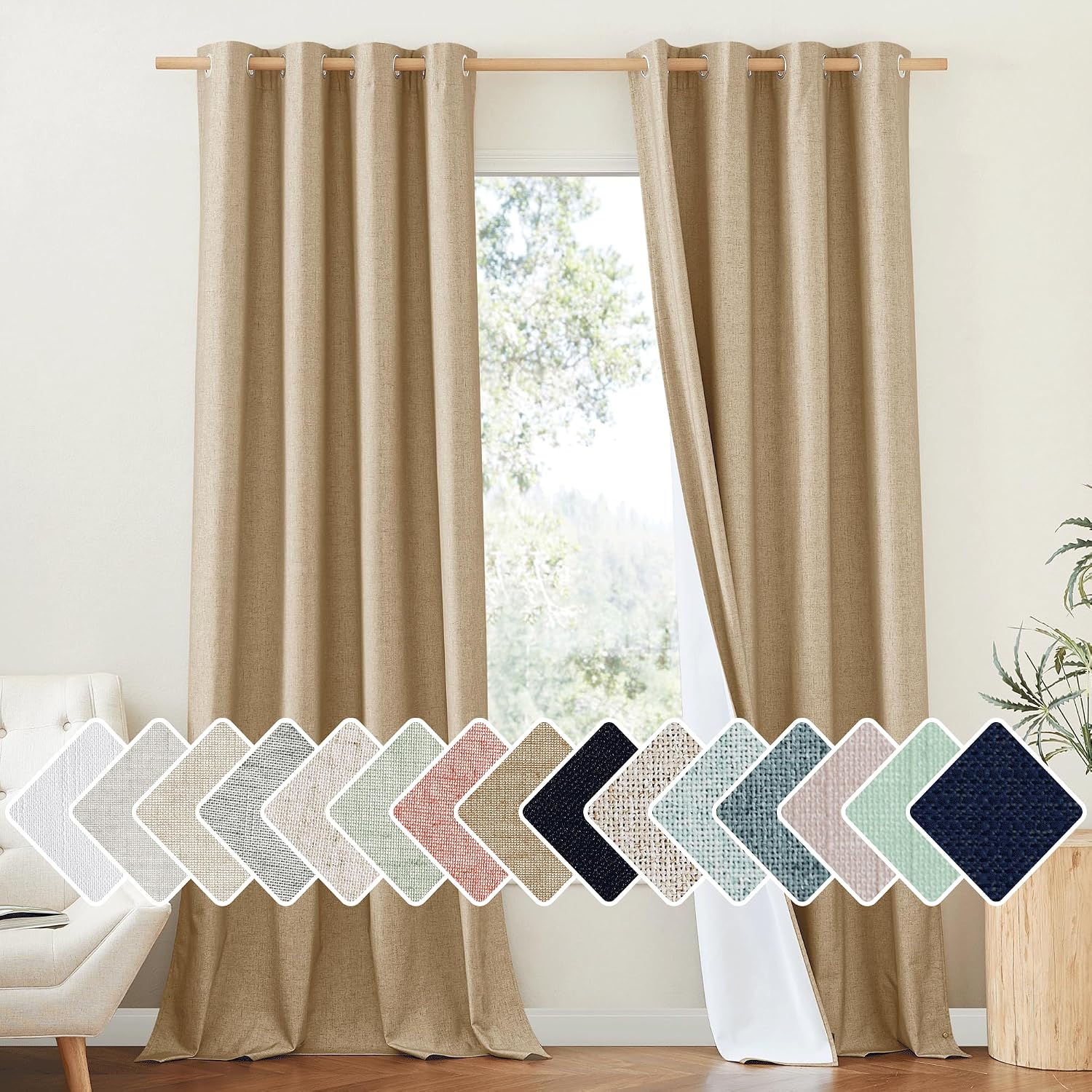 NICETOWN 100% Absolutely Blackout Linen Curtains with Thermal Insulated White Liner, Camel, W52 x L95, 2 Panels, Textured Linen Look…