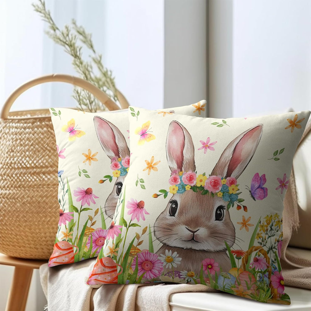 Easter Rabbit Throw Pillow Covers 16x16 Inch Set of 2 Cute Bunny Cotton Linen Square Cushion Case Spring Colorful Floral Easter Theme…
