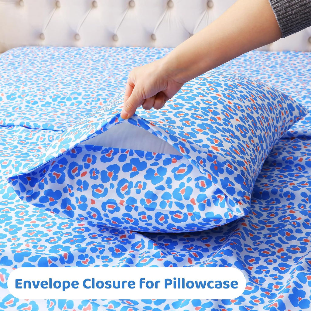 mooreeke Leopard Cheetah Printed Twin Bed Sheets, Soft Microfiber Bedding Sheets & Pillowcases, Deep Pocket Non-Slip Fitted Twin Sheet, Blu…