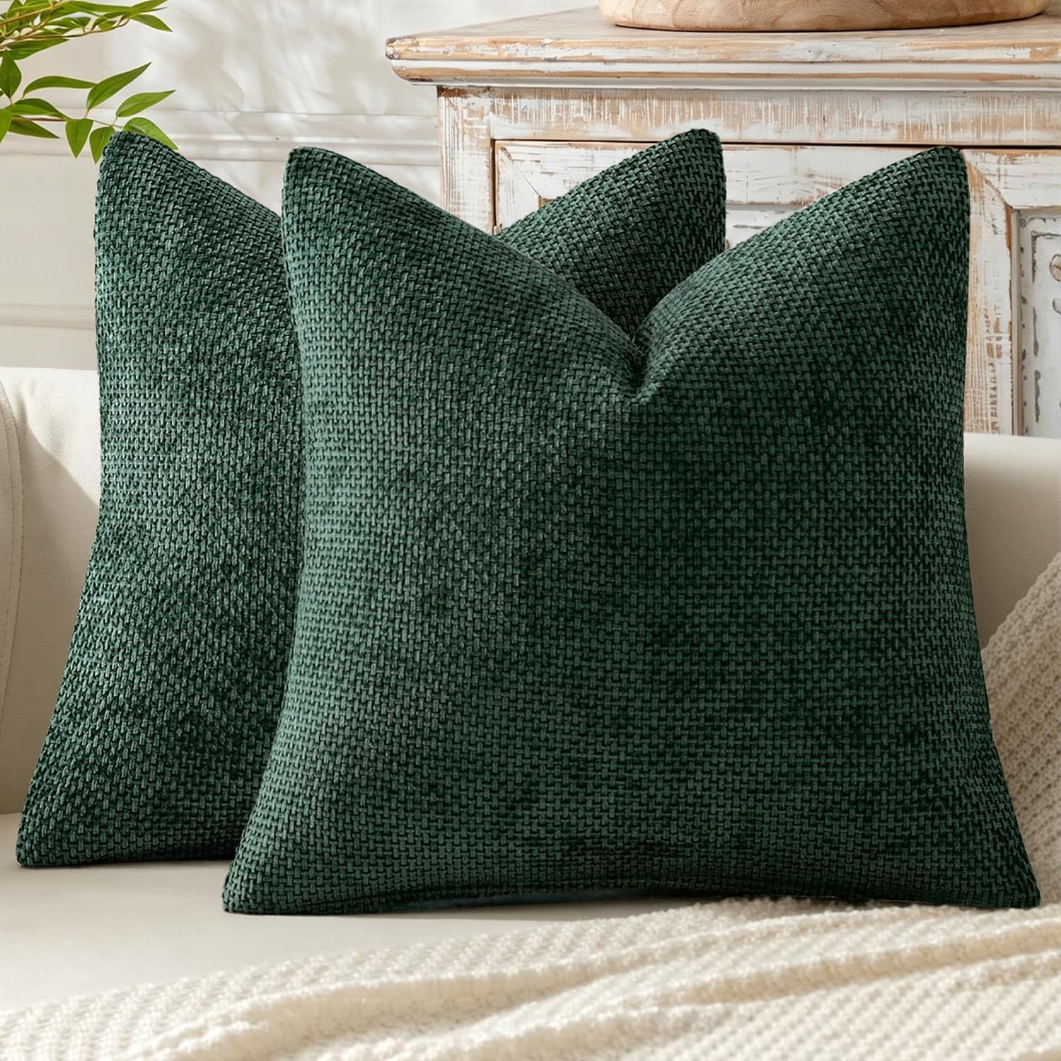 Miulee Pack of 2 Green Couch Throw Pillow Covers 20x20 Inch Modern Boho Accent Decorative Pillow Covers Soft Chenille Farmhouse Cushion Cov…