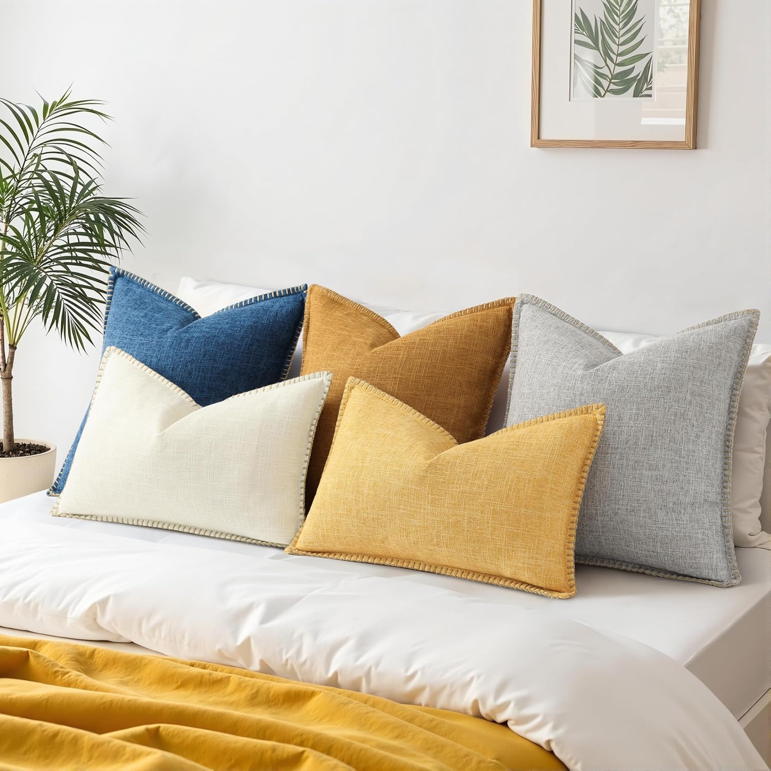 decorUhome Summer Decorative Throw Pillow Covers 16x16 Set of 2 Square Faux Linen Outdoor Neutral Farmhouse Pillow Covers with Stitched…