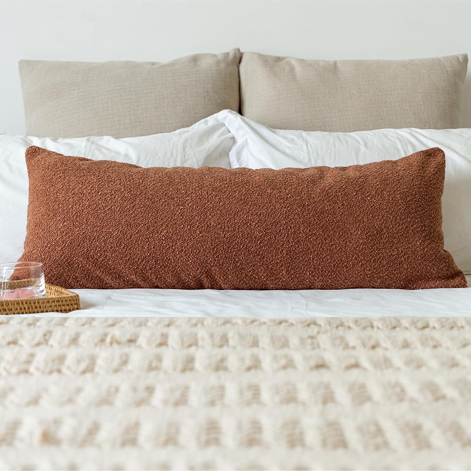 JoraLion 14x36 inch Boucle Lumbar Pillow Cover, Rust Woven Texture Neutral Long Pillow Cover Breathable Cushion Case for Couch Sofa Bed…