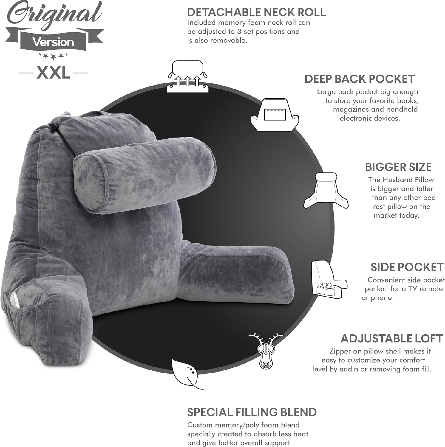 Husband Pillow XXL The Original for Adults - 30" Tall Backrest for Sitting Up in Bed - Firm Support Reading & Bed Rest Pillows for…