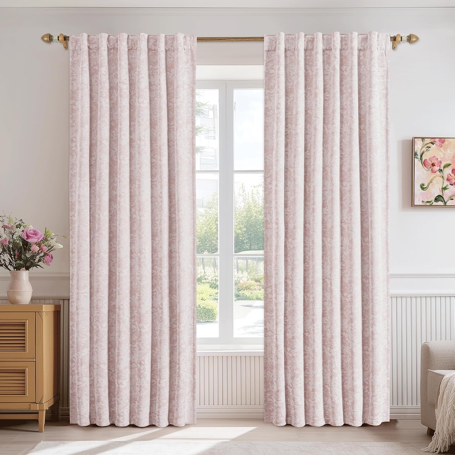 Beauoop Pink Floral Jacquard Blackout Curtains 63 Inches Long 2 Panels for Girls Bedroom Living Room Chenille Flower Room Darkening…