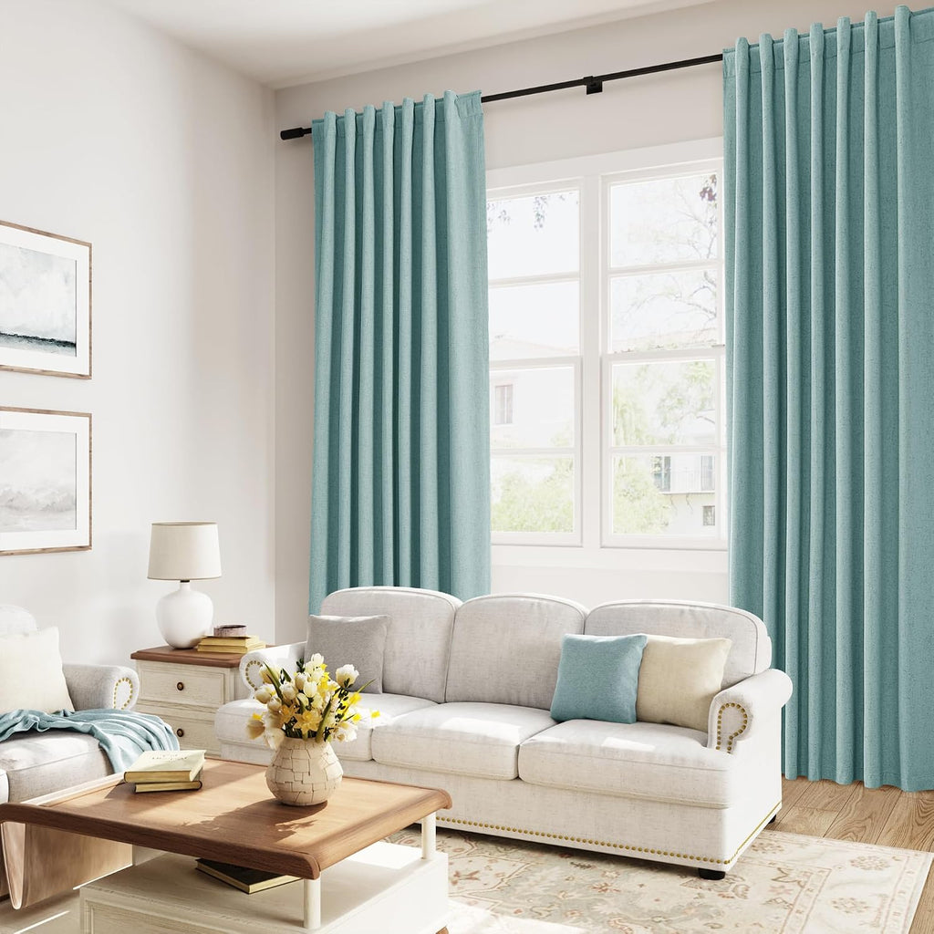Guken Light Blue 100% Blackout Linen Curtains 108 Inch Length 2 Panels Set for Living Room Bedroom Back Tab/Rod Pocket Thermal Insulated Bl…