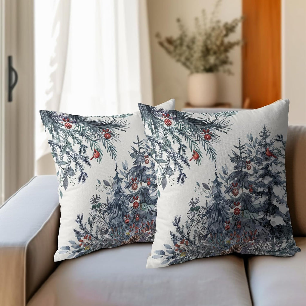 Granbey Christmas Tree Throw Pillow Covers 24x24 Inch Set of 2 Winter Watercolor Blue Grey Pine Trees Berry Bells Birds Decorative Pillowca…