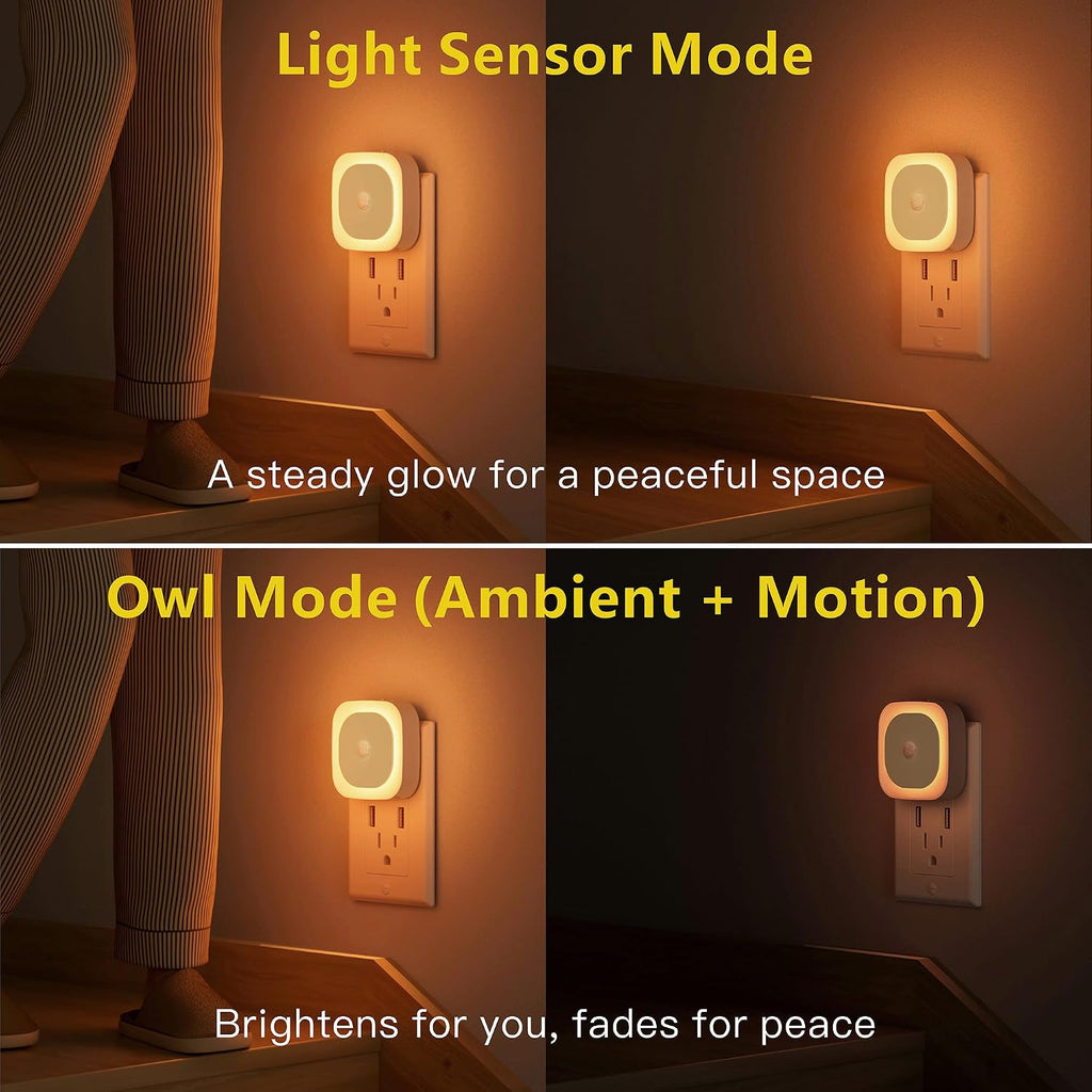 YUNLEX 2 Pack Plug in Amber Night Light with Motion Sensor & Dusk to Dawn Sensor, 3 Sensor Modes, Dimmable Night Lights Plug into Wall…