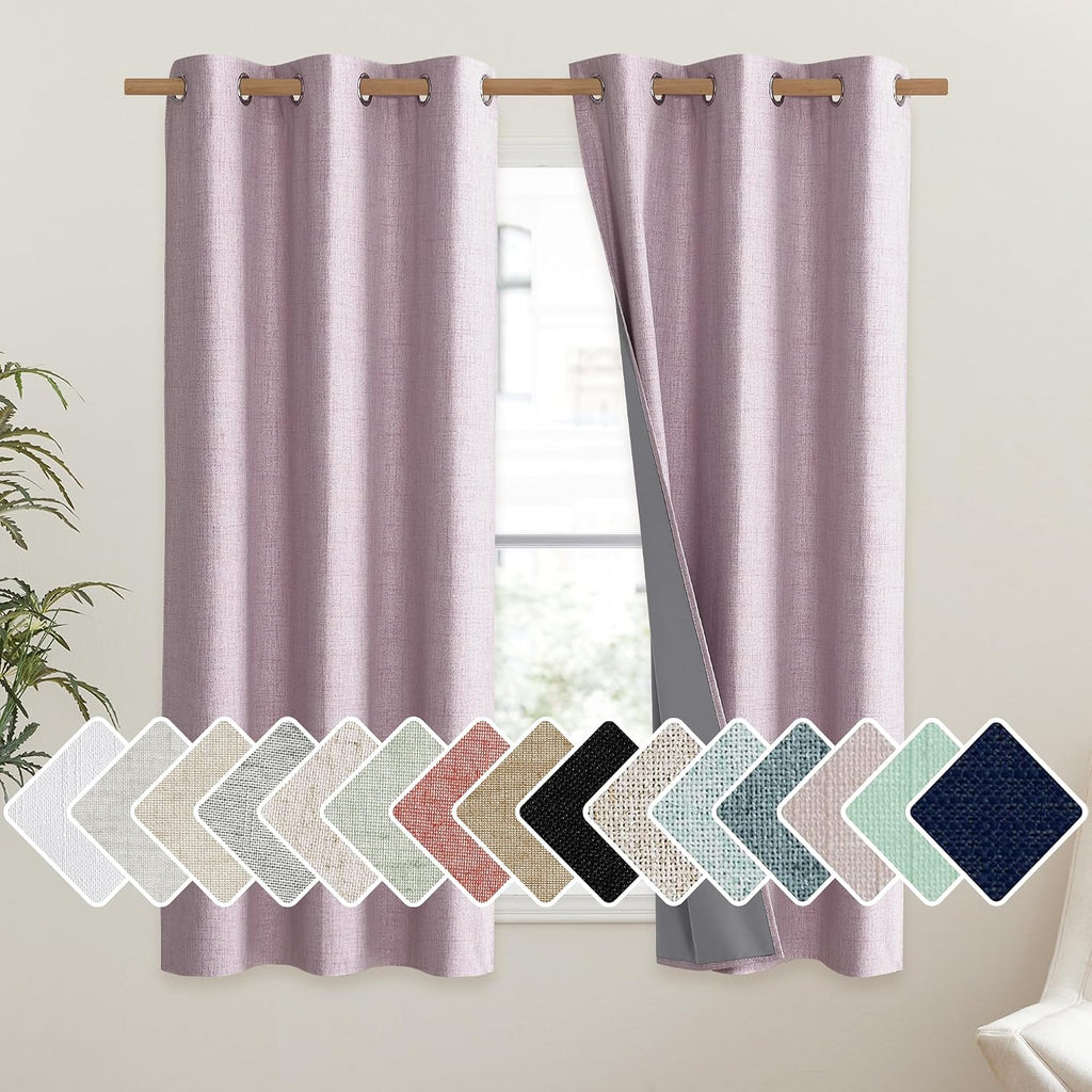 NICETOWN Pink Vintage Linen 100% Blackout Curtains for Classroom, Thermal Insulated Curtains 63" Long, Noise Reducing Window Treatment…