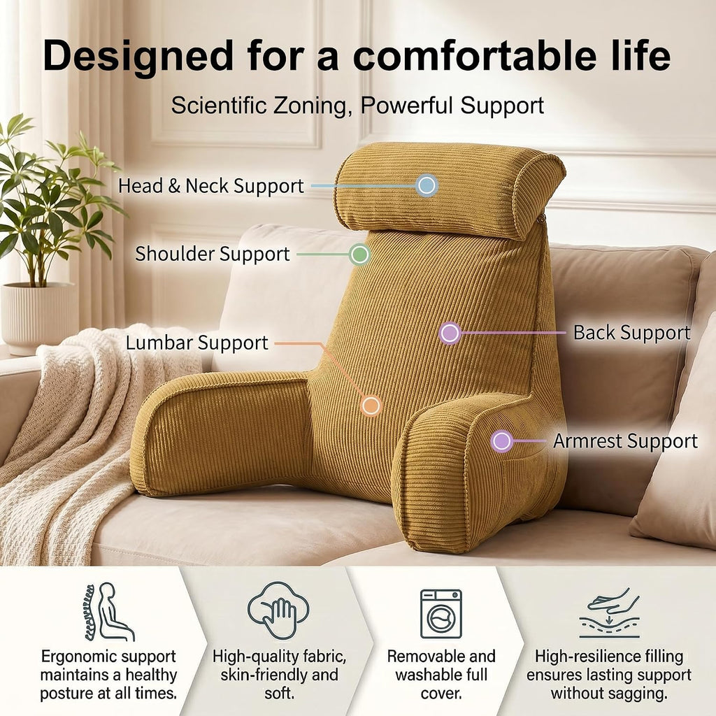 Ailuteie Bed Rest Reading Pillow, Backrest Pillow with Arms, Corduroy Back Support Cushion with Side Pockets & Washable Cover, for Sitting…