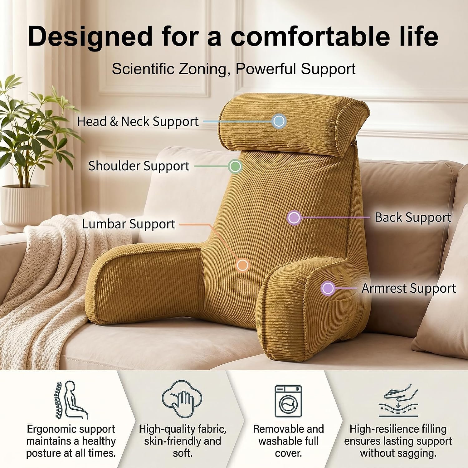 Ailuteie Bed Rest Reading Pillow, Backrest Pillow with Arms, Corduroy Back Support Cushion with Side Pockets & Washable Cover, for Sitting…