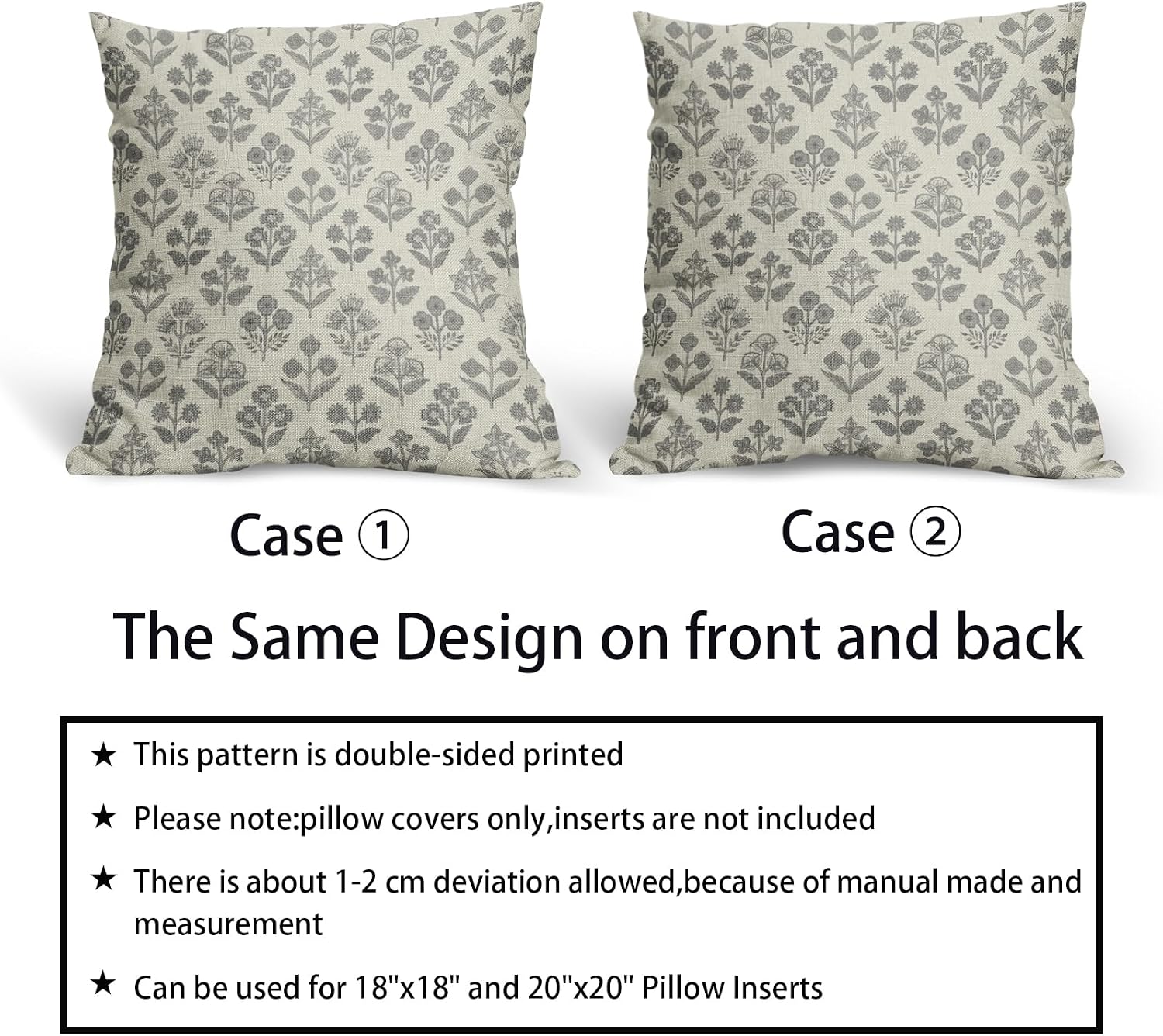 Grey Gray Floral Pillow Covers 18x18 Inch Set of 2, Vintage Flower Block Print Pattern Decorative Throw Pillowcases Outdoor Farmhouse…