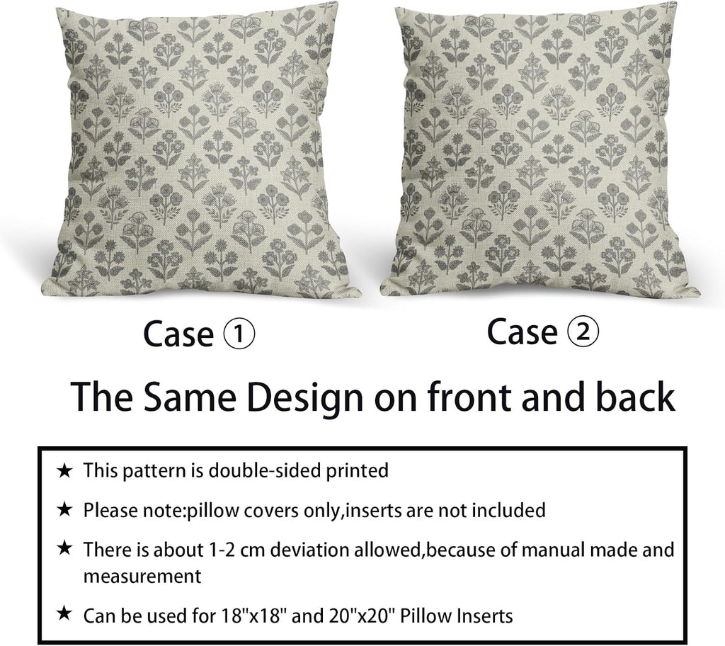Grey Gray Floral Pillow Covers 20x20 Inch Set of 2, Vintage Flower Block Print Pattern Decorative Throw Pillowcases Outdoor Farmhouse…
