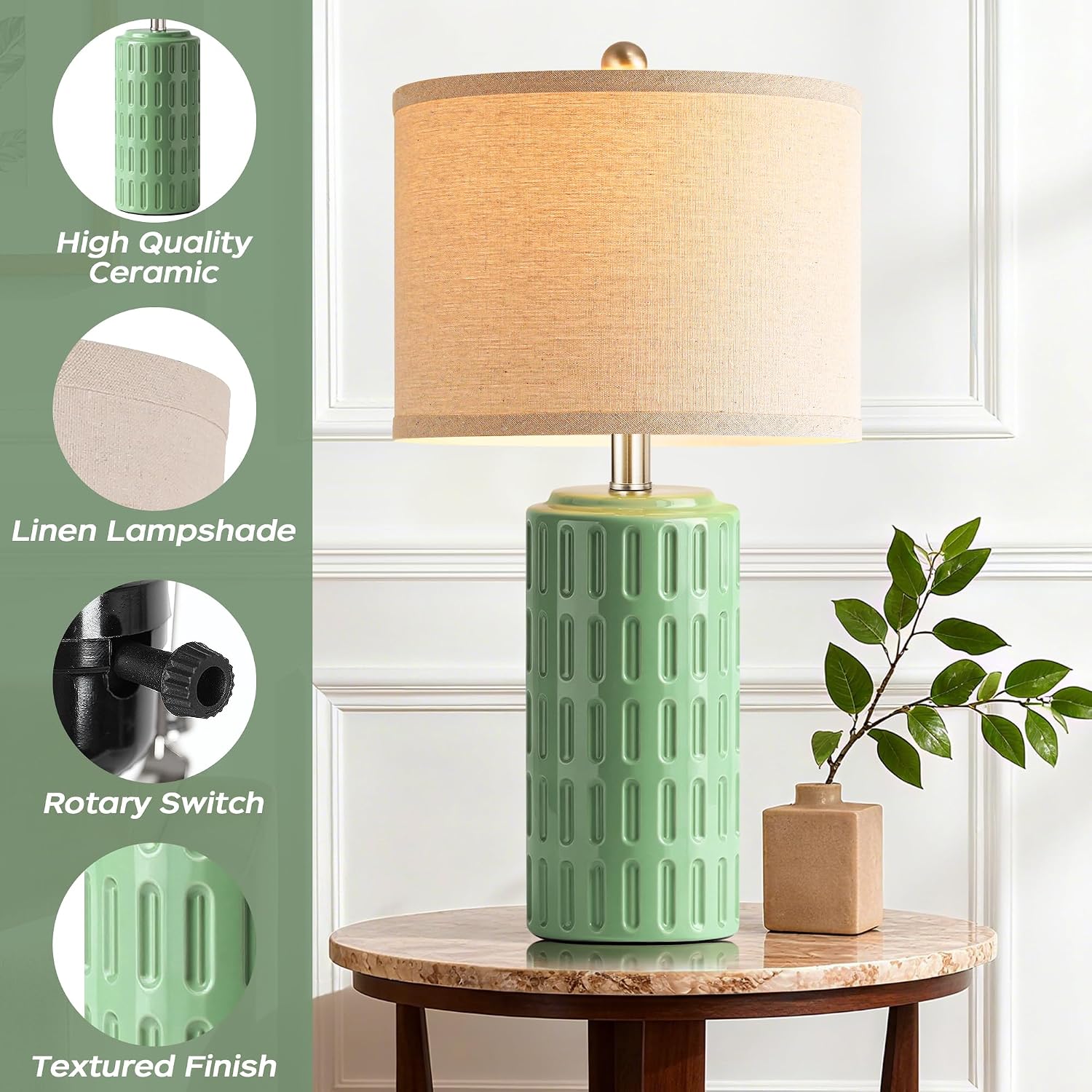 PARTPHONER 23" Farmhouse Modern Ceramic Table Lamp Set of 2 - Sage Green Bedside Lamps for Bedroom & Living Room, Nightstand, Desk, End…