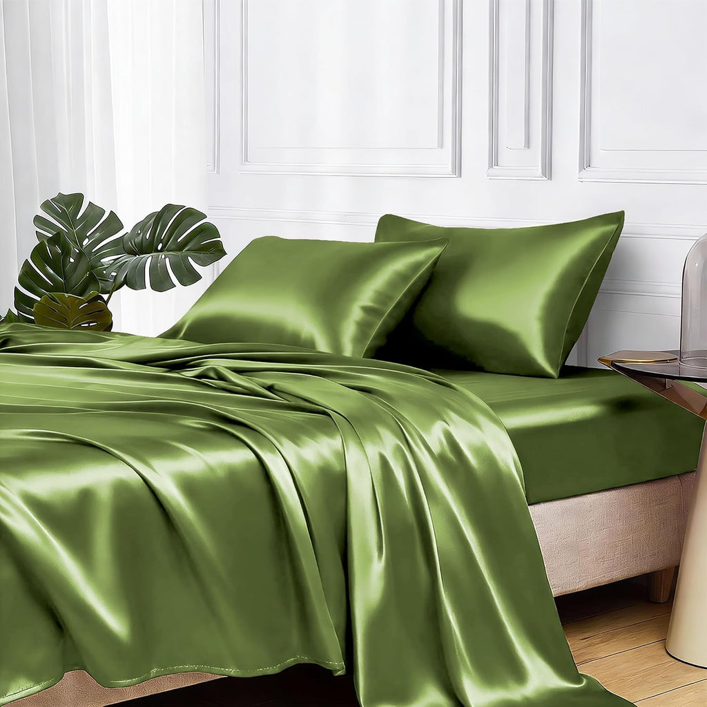 MR&HM Satin Bed Sheets, Twin Size Sheets Set, 3 Pcs Silky Bedding Set with 15 Inches Deep Pocket for Mattress(Twin, Sage) 3 Pcs 15 Inc…