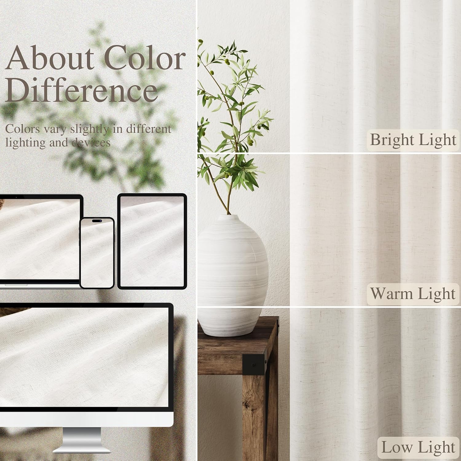 Nanspring Beige White 100% Blackout Linen Curtains 108 Inches Long for Bedroom Back Tab Thermal Insulated Modern Farmhouse Decor Black Out…