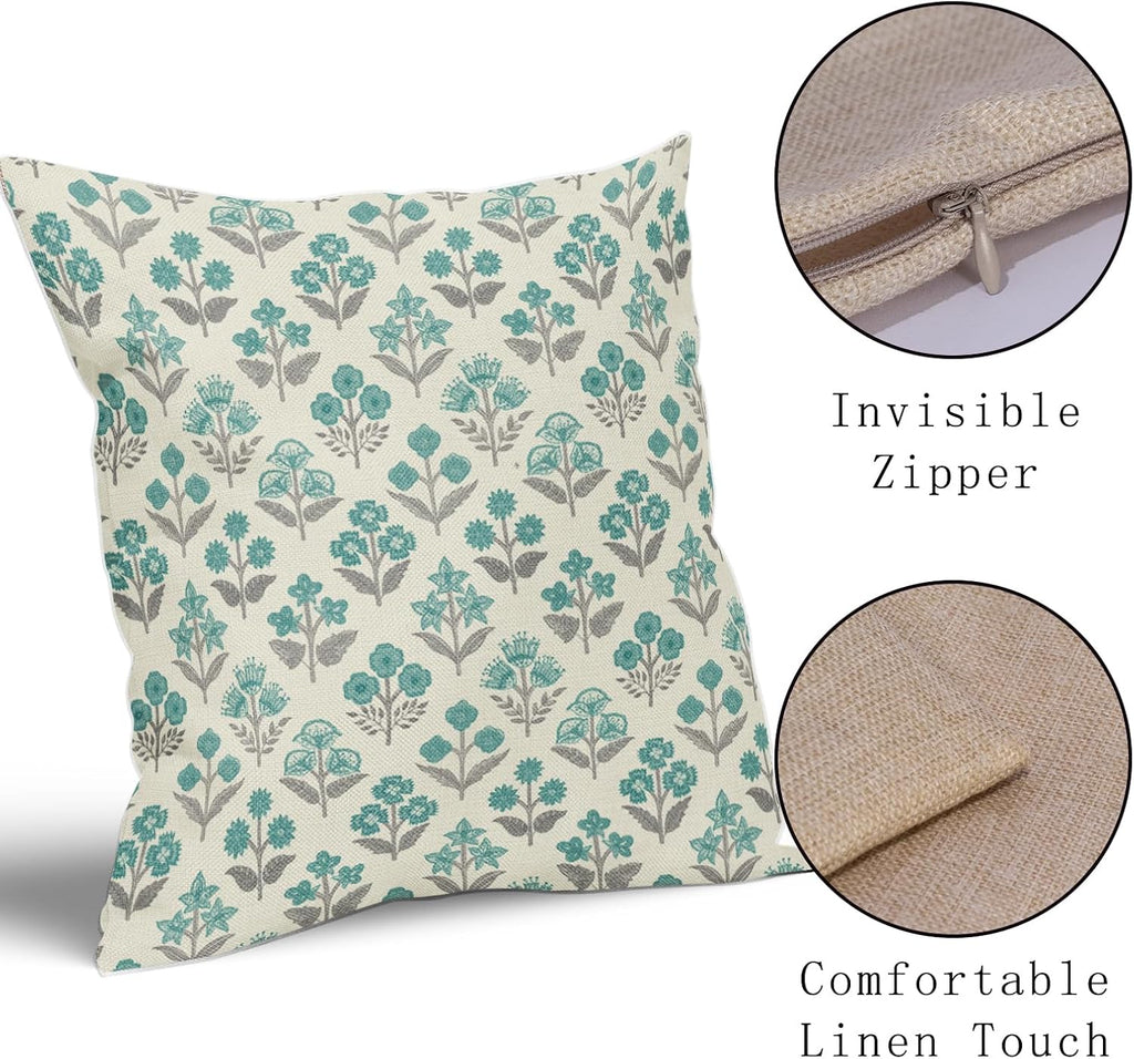 Teal Grey Gray Floral Block Print Pillow Covers 18x18 Inch Set of 2, Vintage Flower Pattern Decorative Throw Pillowcases Outdoor…