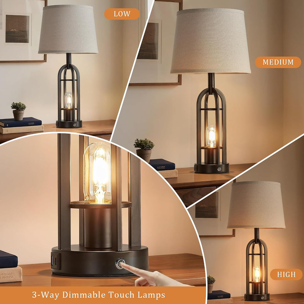 SRJJA 24" Table Lamps for Living Room Set of 2, Farmhouse Industrial 3-Way Dimmable Touch Bedside Lamps with USB A+C for Bedroom…