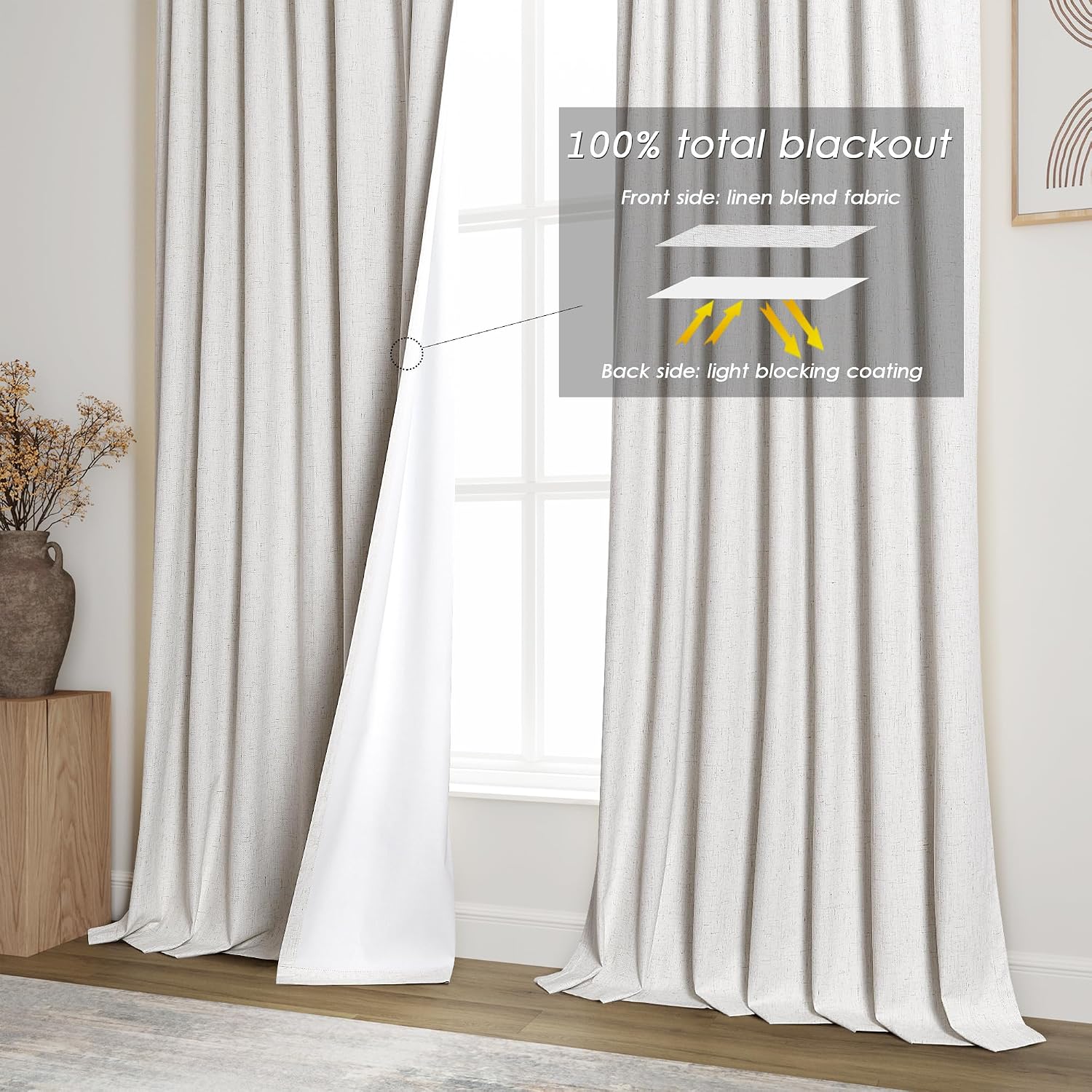 Nanspring Cream 100% Blackout Linen Curtains for Bedroom 132 Inches Long Back Tab Thermal Insulated Neutral Boho Farmhouse Decor Black Out…