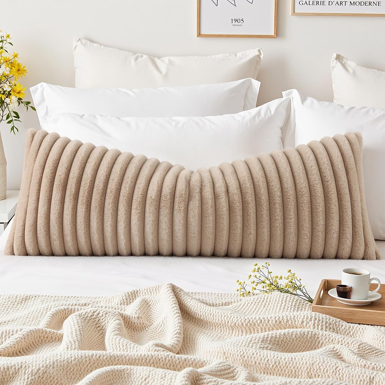 decorUhome Cozy Faux Fur Throw Pillow Covers 14x36 Set of 1 Decorative Soft Plush Striped Lumbar Modern Farmhouse Boho Couch Pillow Cases w…