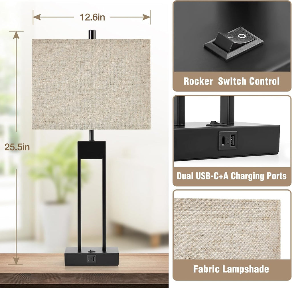 Extra Large 25.5" Nightstand Table Lamps for Bedrooms Set of 2, Bedside Lamp with USB C+A, Colors Changeable Living Room Lamps for End…