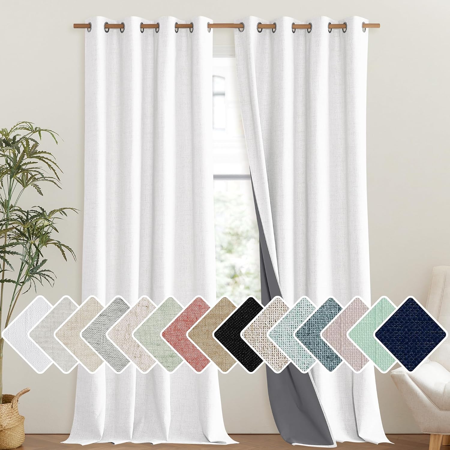NICETOWN 100% Absolutely Blackout Linen Curtains with Thermal Insulated Liner, Greyish White, 52" Wide, 108" Length Energy Saving…