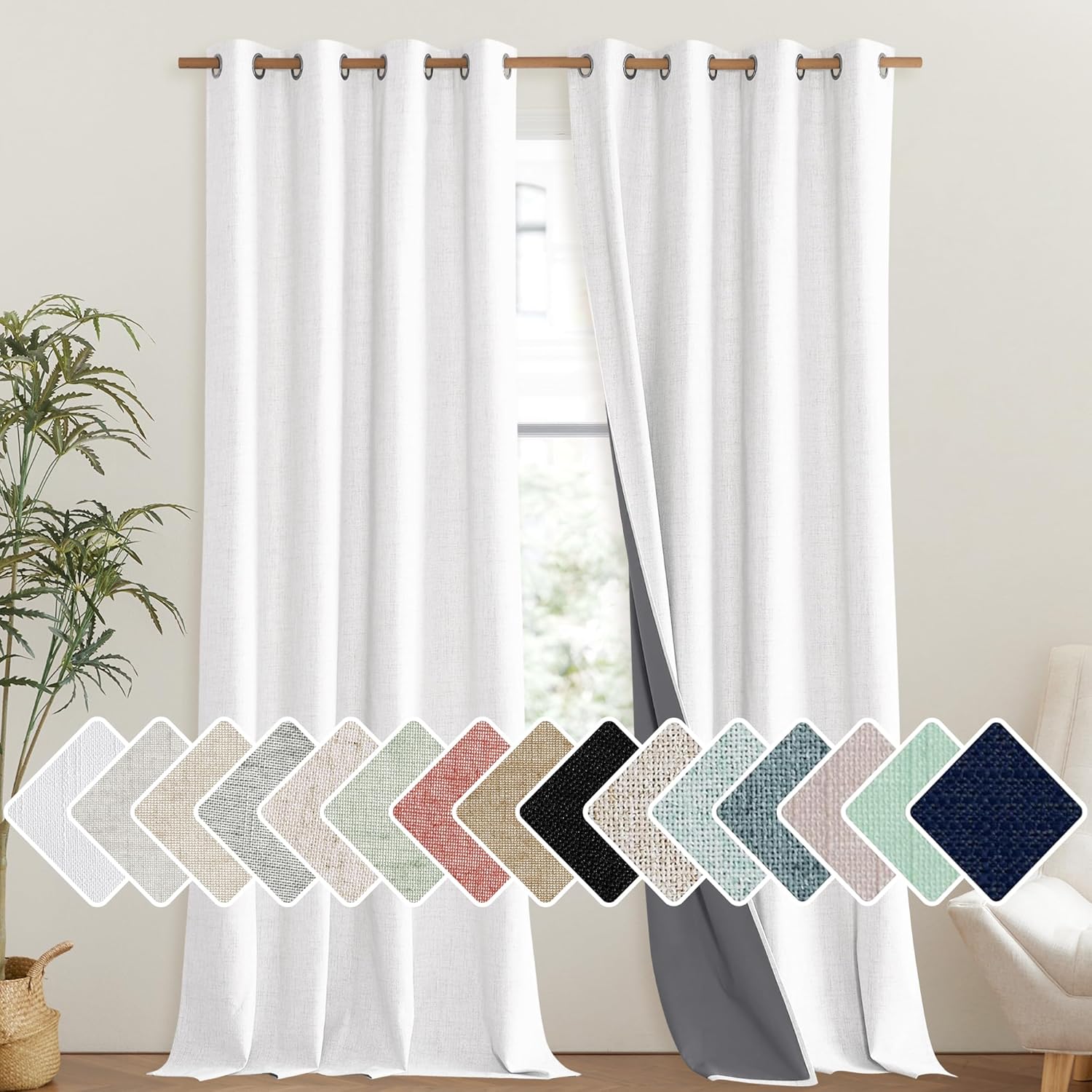 NICETOWN 100% Absolutely Blackout Linen Curtains with Thermal Insulated Liner, Greyish White, 52" Wide, 102" Length Energy Saving…