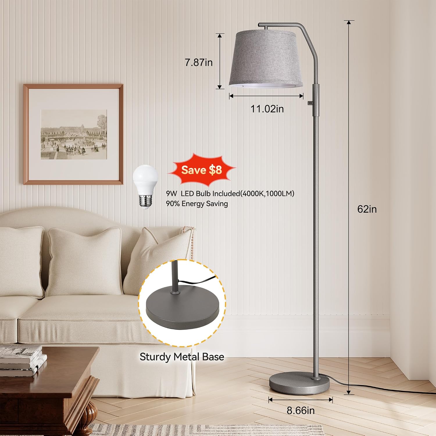 SUNMORY Floor Lamps for Living Room, 12W Bulb Included, Tall Lamp for Bedroom with Adjustable Head, Modern Standing Lamp, 0-100% Dimmable…
