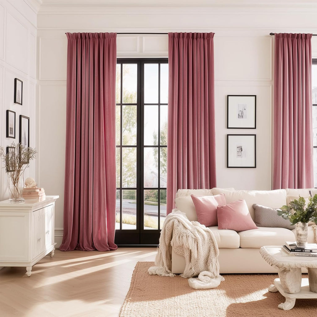 Drapenova Dusty Rose Velvet Curtains 90 Inches Long, Luxury Thick Velvet Viral Pinch Pleated Drapes for Nursery Girls Room Blackout D…