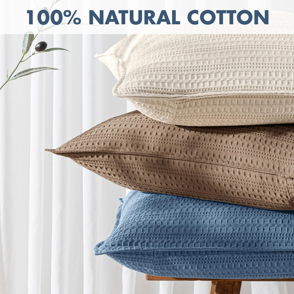 Set of 2 Decorative 100% Cotton Waffle Throw Pillow Covers 18x18, Neutral Coastal Euro Shams Weave European Cushion Cases for Couch Sofa…