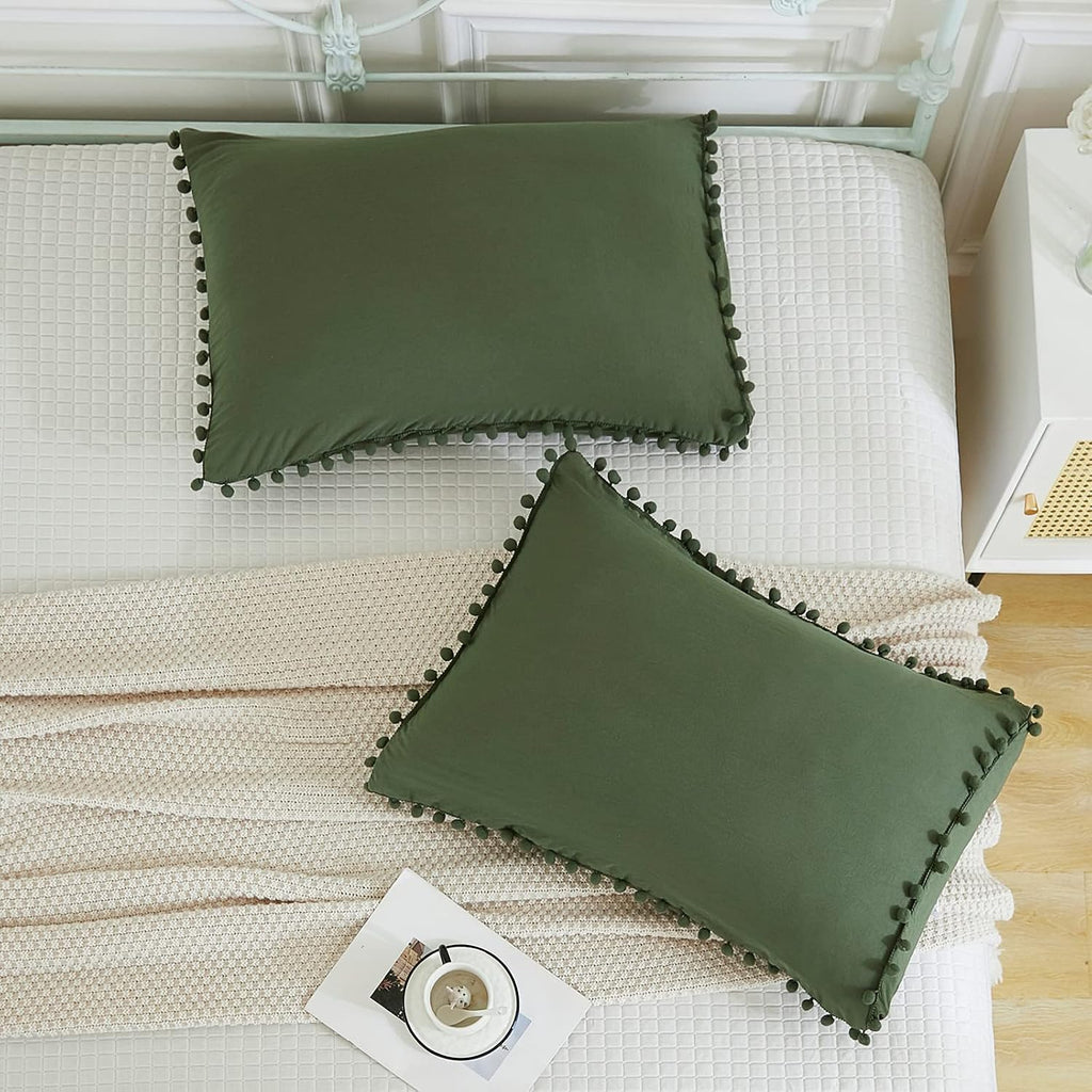 Moveover Dark Green Pom Poms Pillowcases, Green Standard Pillow Cases Set of 2, 100% Washed Microfiber, Bronze Green Ball Fringe Pillow Cov…