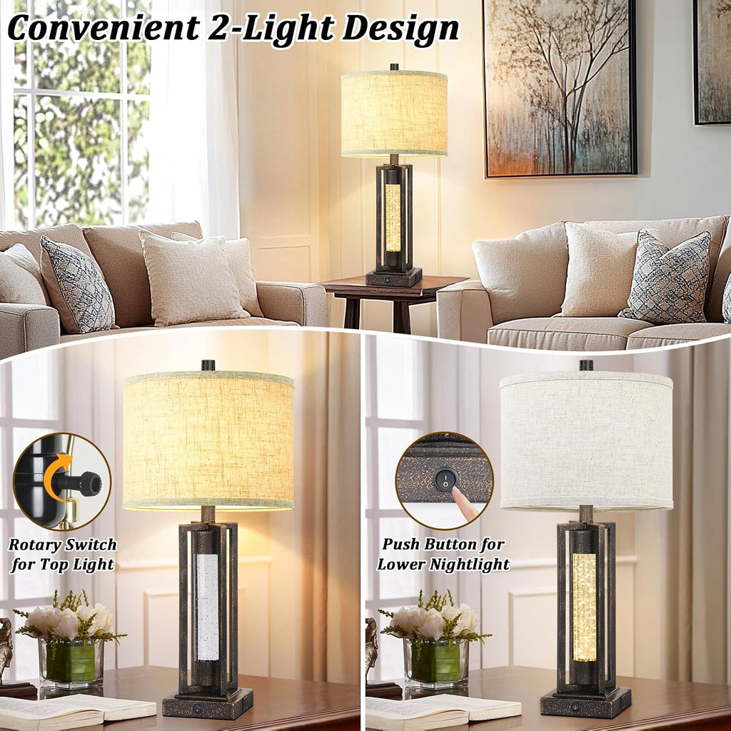 Tobusa 26’’ Vintage Table Lamps for Living Room Set of 2, Rustic Lamps for Bedroom with 2 USB Ports and Crystal Night Light, Farmhouse Beds…