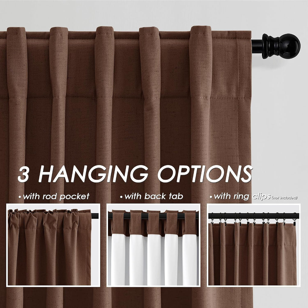Nanspring Rustic Brown 100% Blackout Linen Curtains 108 Inches Long for Bedroom Back Tab Thermal Insulated Rustic Farmhouse Decor Black Out…