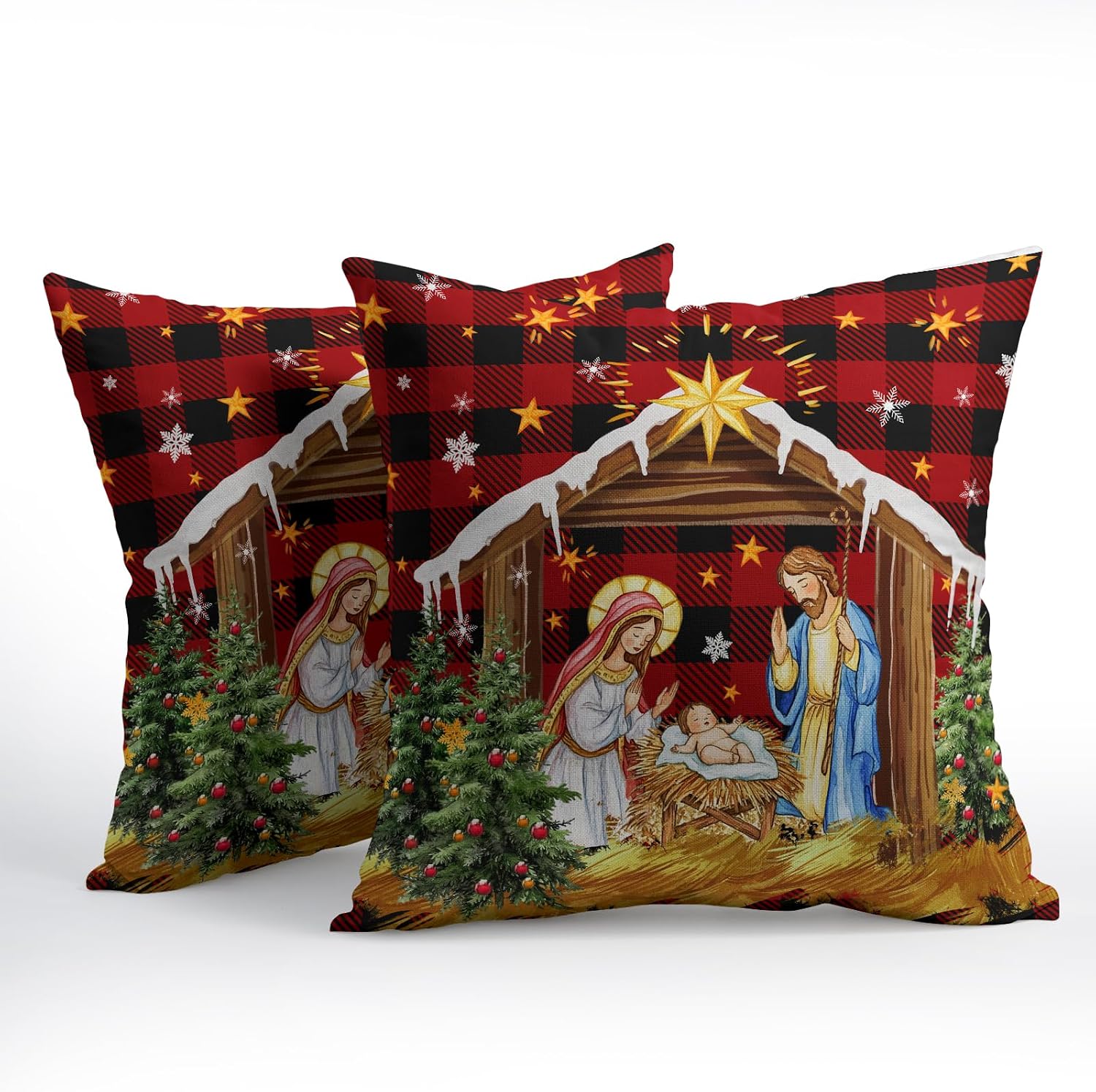 Jesus Nativity Throw Pillow Cover 16x16 Inch Set of 2 Xmas Red Buffalo Plaid Pillow Case Christma O Holy Night Winter Holiday Cushion…