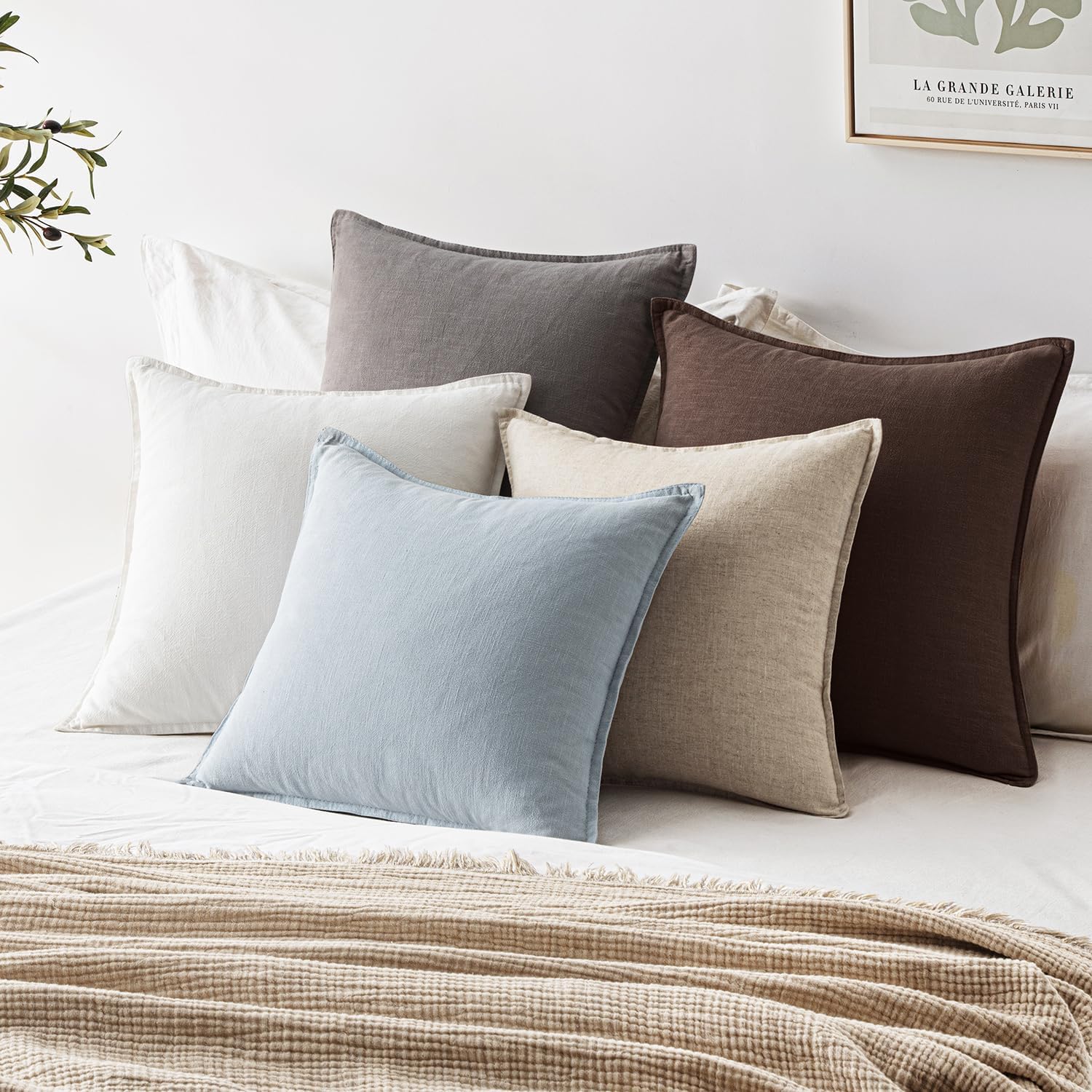 EMEMA Spring Throw Pillow Covers Decorative Linen Pillow Covers 24x24 Inch Light Blue Boho Farmhouse Neutral Couch Throw Pillows for Bed…