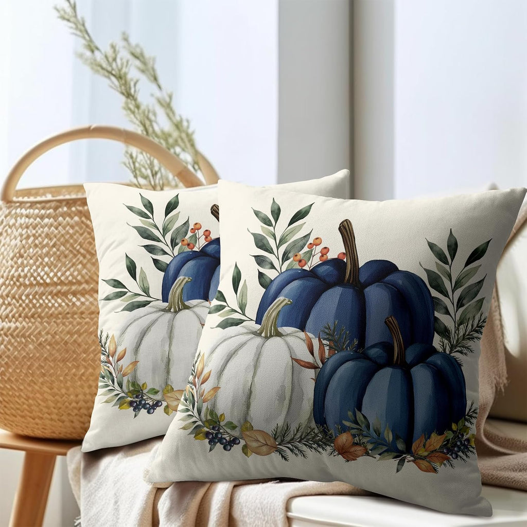 Pumpkins Throw Pillow Covers 20x20 inch 2 Packs Fall Blue and White Pumpkin Pillowcase Autumn Thanksgiving Vintage Outdoor Decorations…