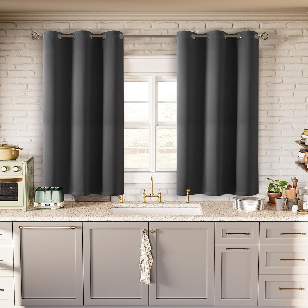 BGment Dark Grey Short Blackout Curtains for Small Windows, 38 x 45 Inch Thermal Insulated Tier Set of 2 Panels Sun Blocking Drapes for Kit…