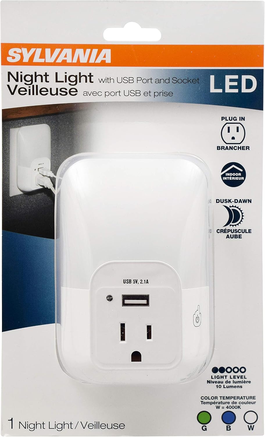 LEDVANCE Sylvania LED Night Light with USB Port and Socket, 3-Color Select, Frosted, 3000K, 5 Lumens, Cool White - 3 Pack (64991)