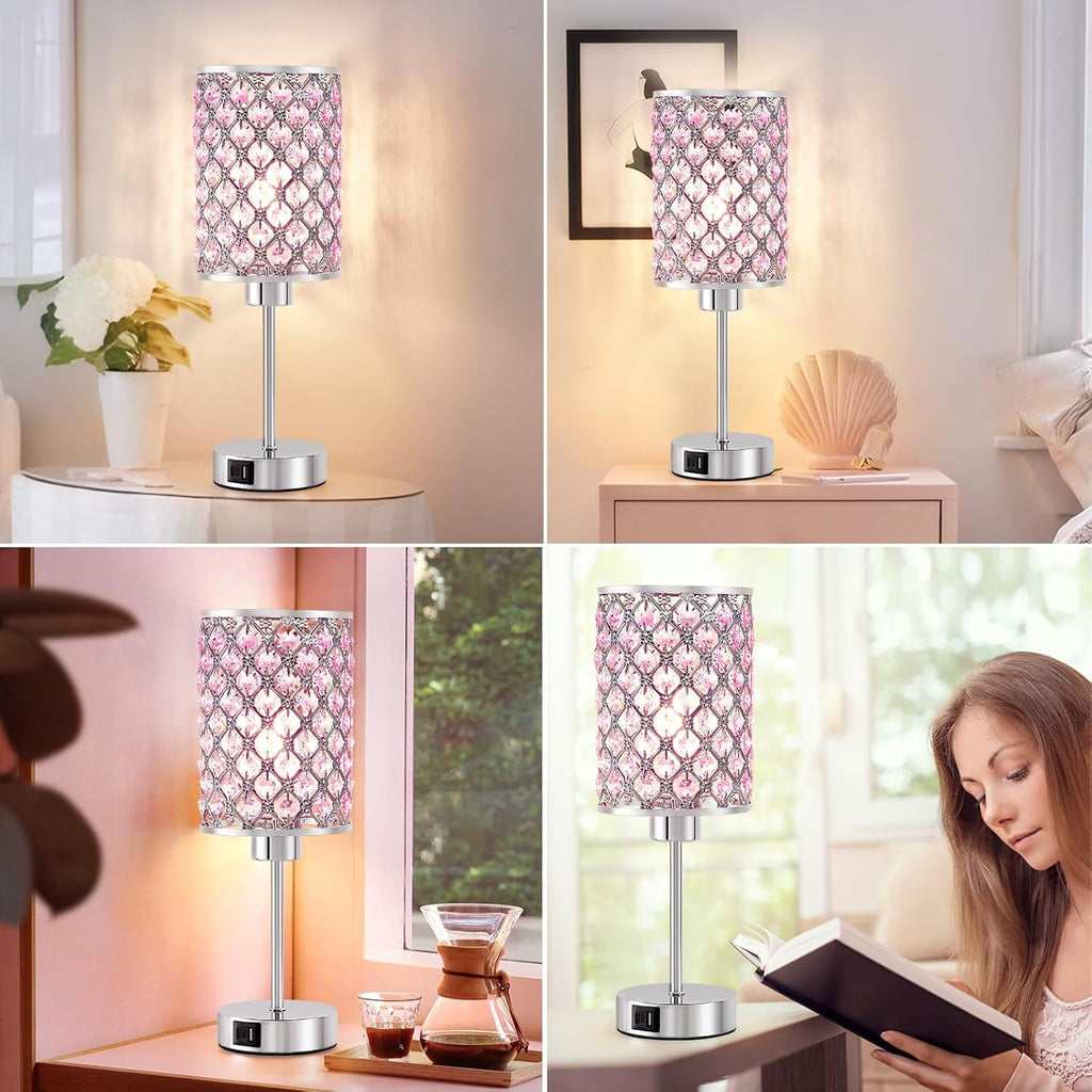 GyroVu Crystal Table Lamp, Pink Touch Lamp with USB C+A Ports, Dimmable Lamp with Crystal Shade, Bedside Lamp Small Lamp for Girl…