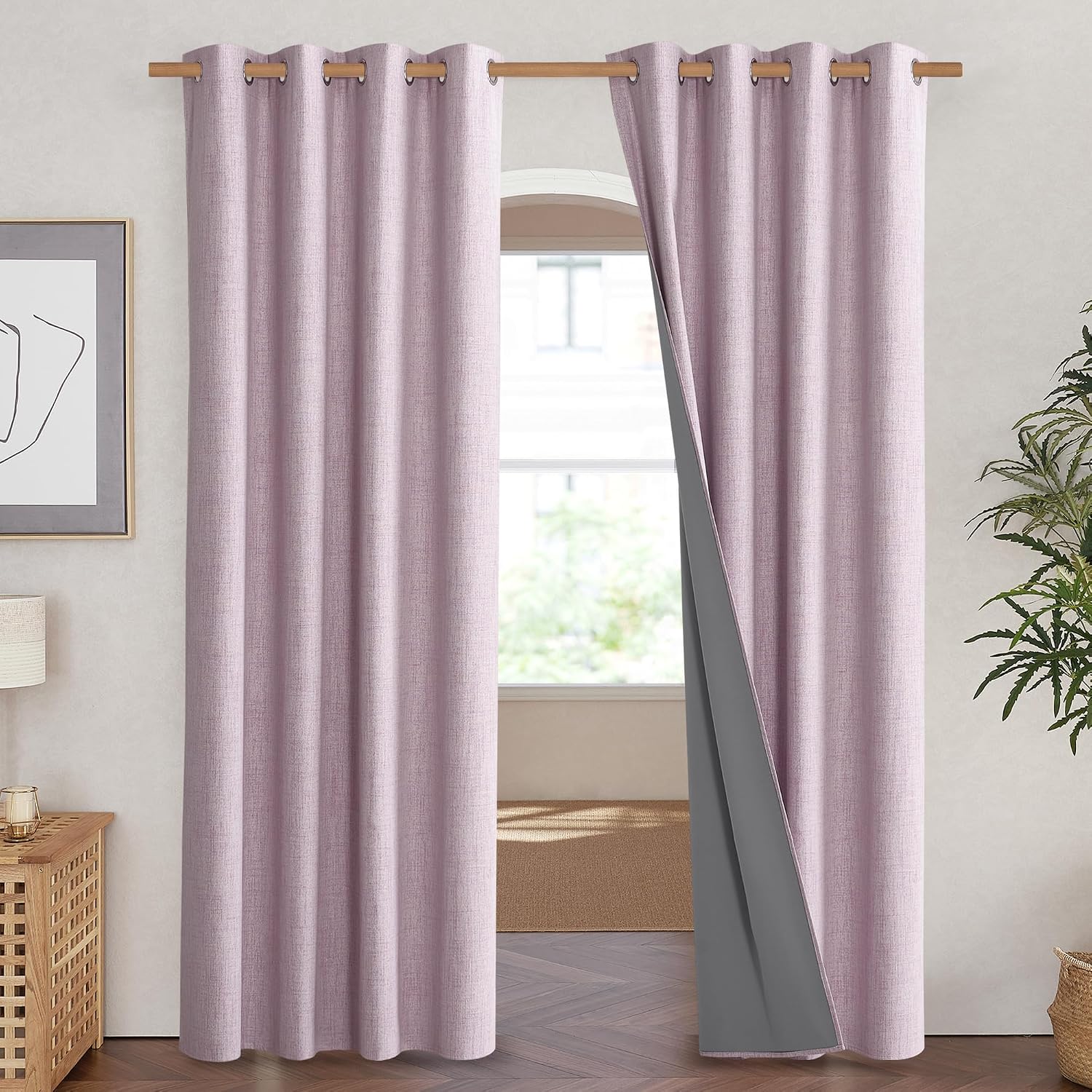 NICETOWN Pink Vintage Linen 100% Blackout Curtains for Living Room, Thermal Insulated Curtains 84“ Long, Noise Reducing Window Treatment…